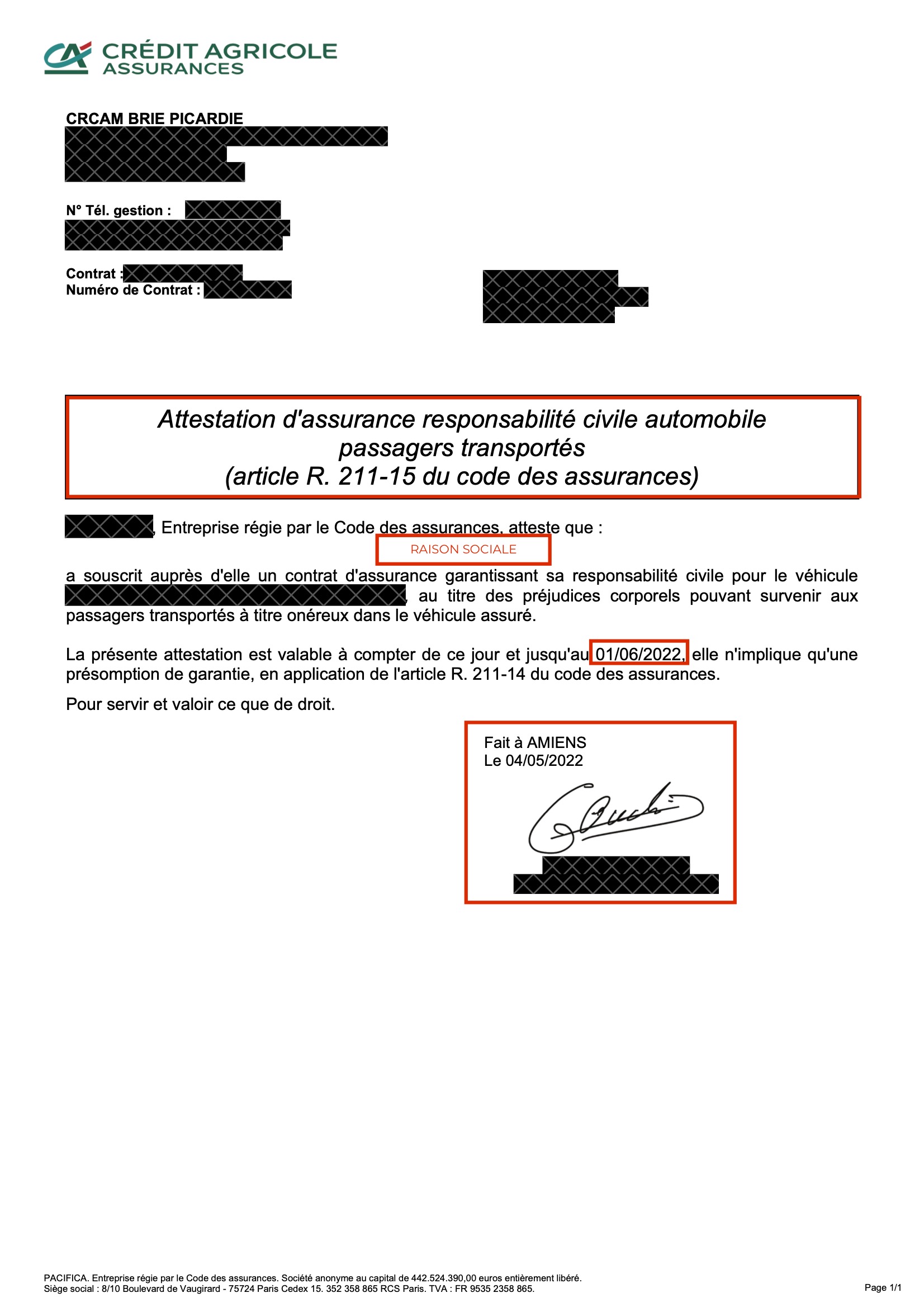 Attestation d'assurance responsabilité civile automobile passagers ...