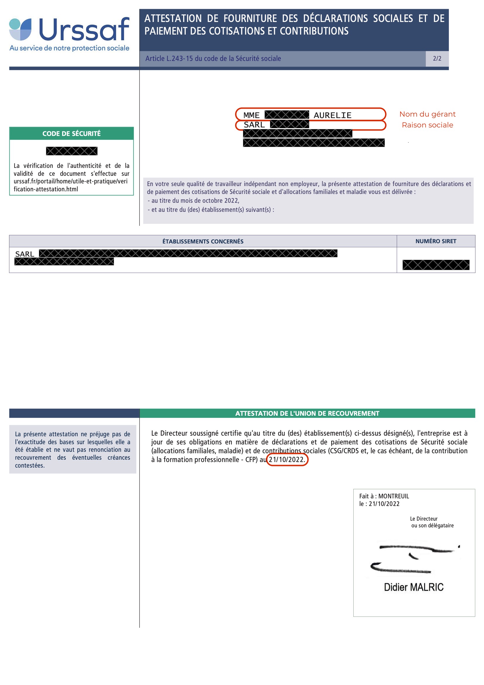 Régime Social  Indépendant cotisant en nom propre à l' URSSAF ou Auto